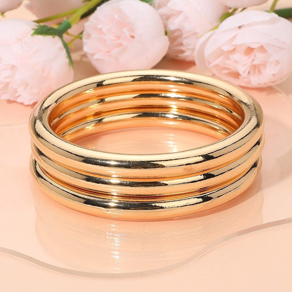 Gold 3 Piece Stack Round Metal Bangle Bracelets Set Layered Glossy Jewelry
